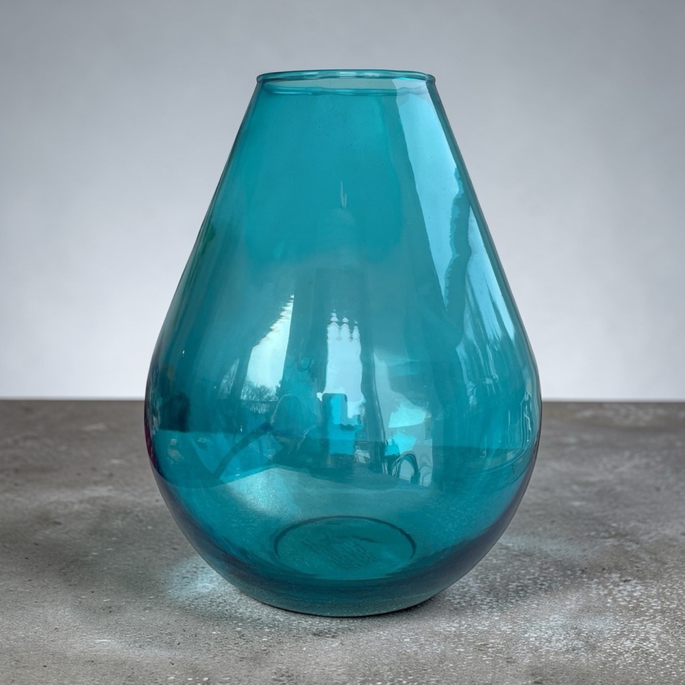 Large glass vase, aqua colored using hand applied cold paint process, made Spain